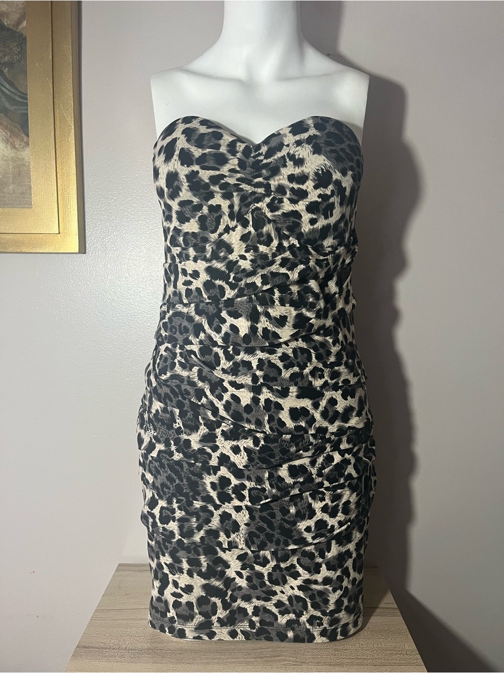 Leopard Print Strapless Midi Dress in Black and Cream